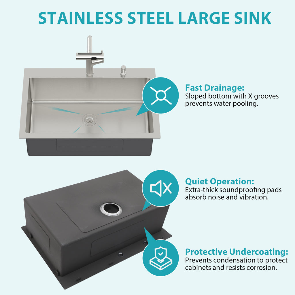 30" Drop-in Kitchen Sink with Pull-out Faucet and Soap Dispenser