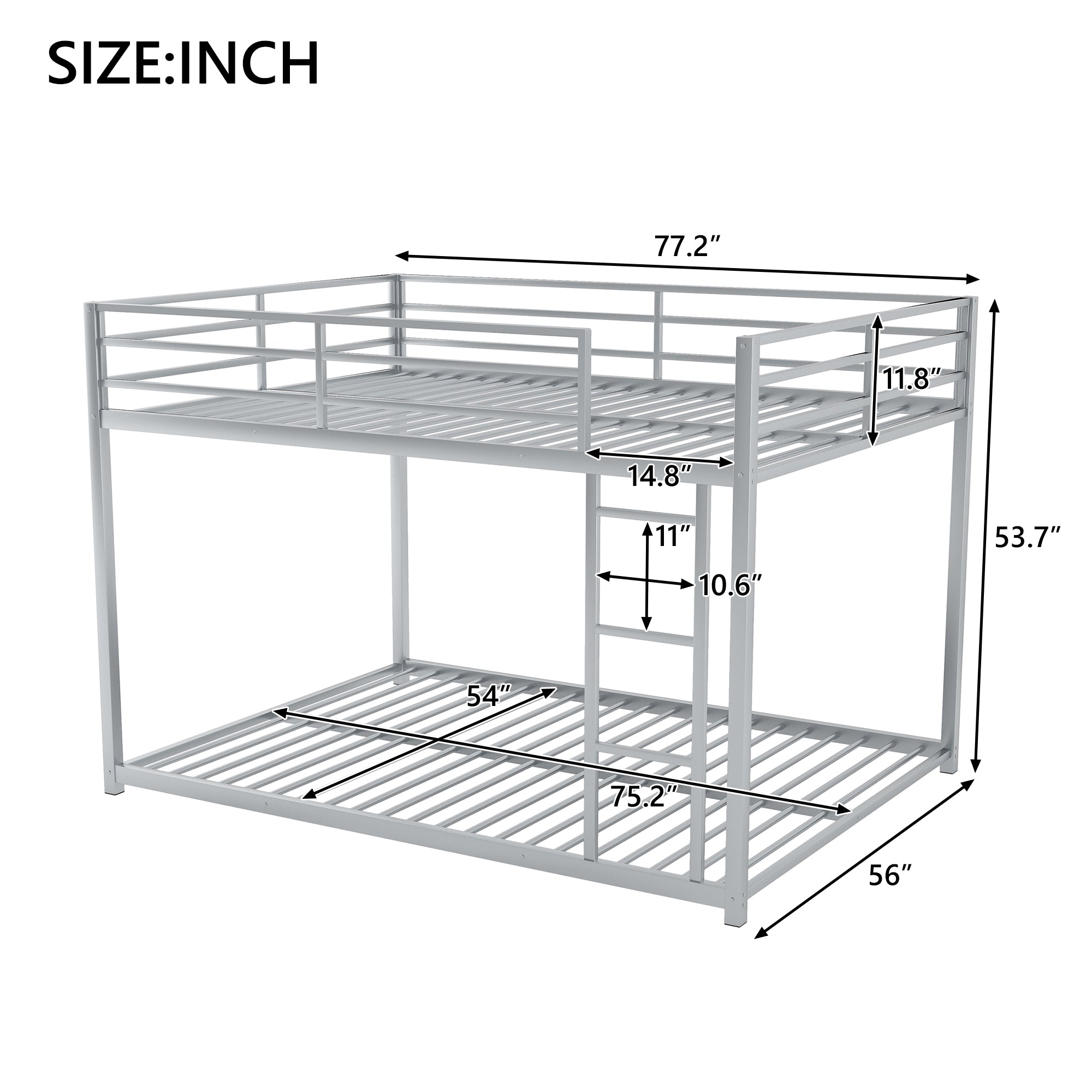 Full Over Full Metal Bunk Bed with Ladder in Silver