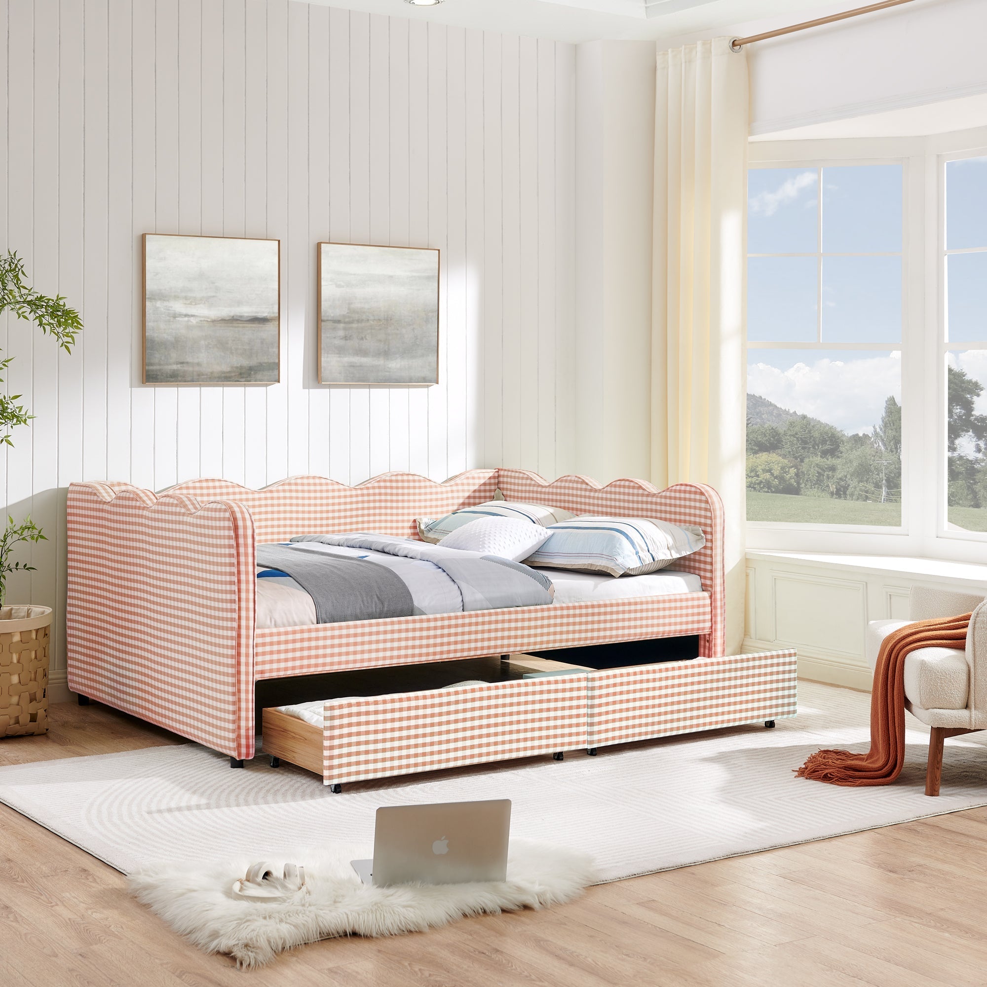 Full Size Cozy Gingham Daybed with Two Storage Drawers