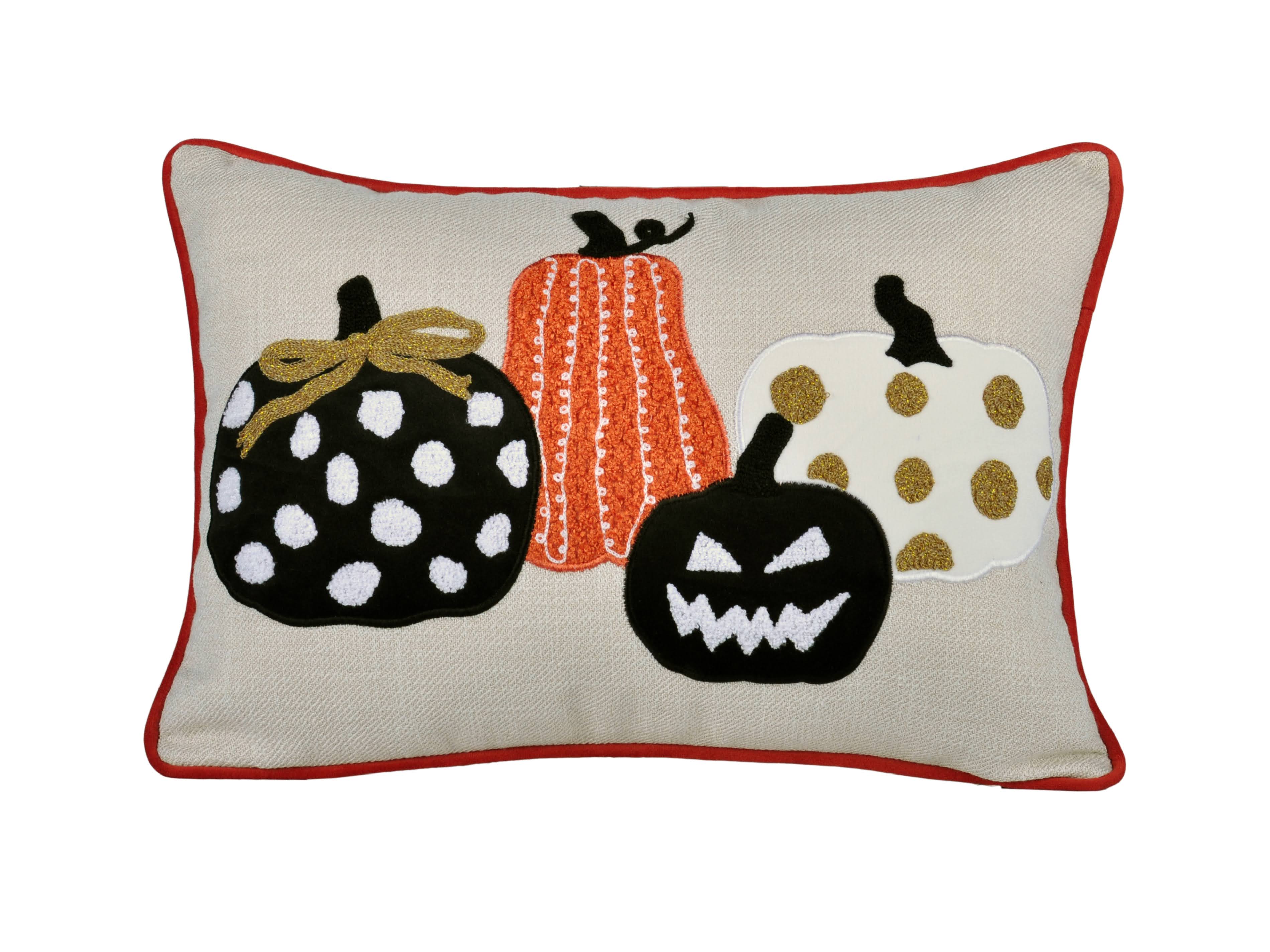 Halloween Pumpkin Embroidered Throw Pillow – Spooky Polka Dot
