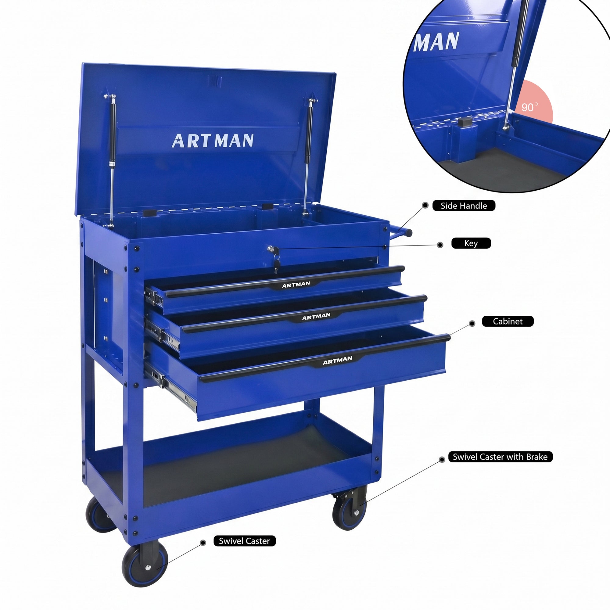 3 Drawers Multifunctional Tool Cart with Wheels and Steel Top