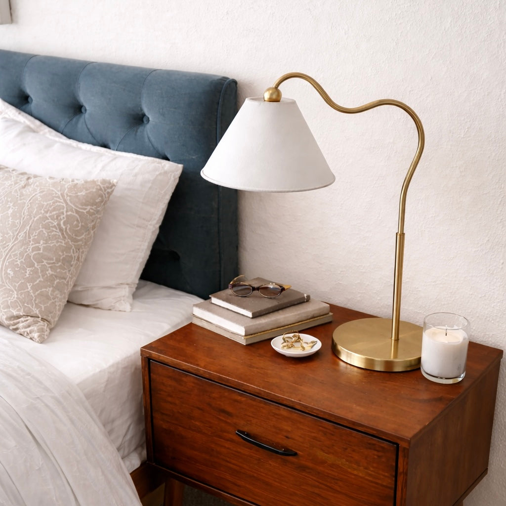 Ornate Brass Ring Base Curved Table Lamp