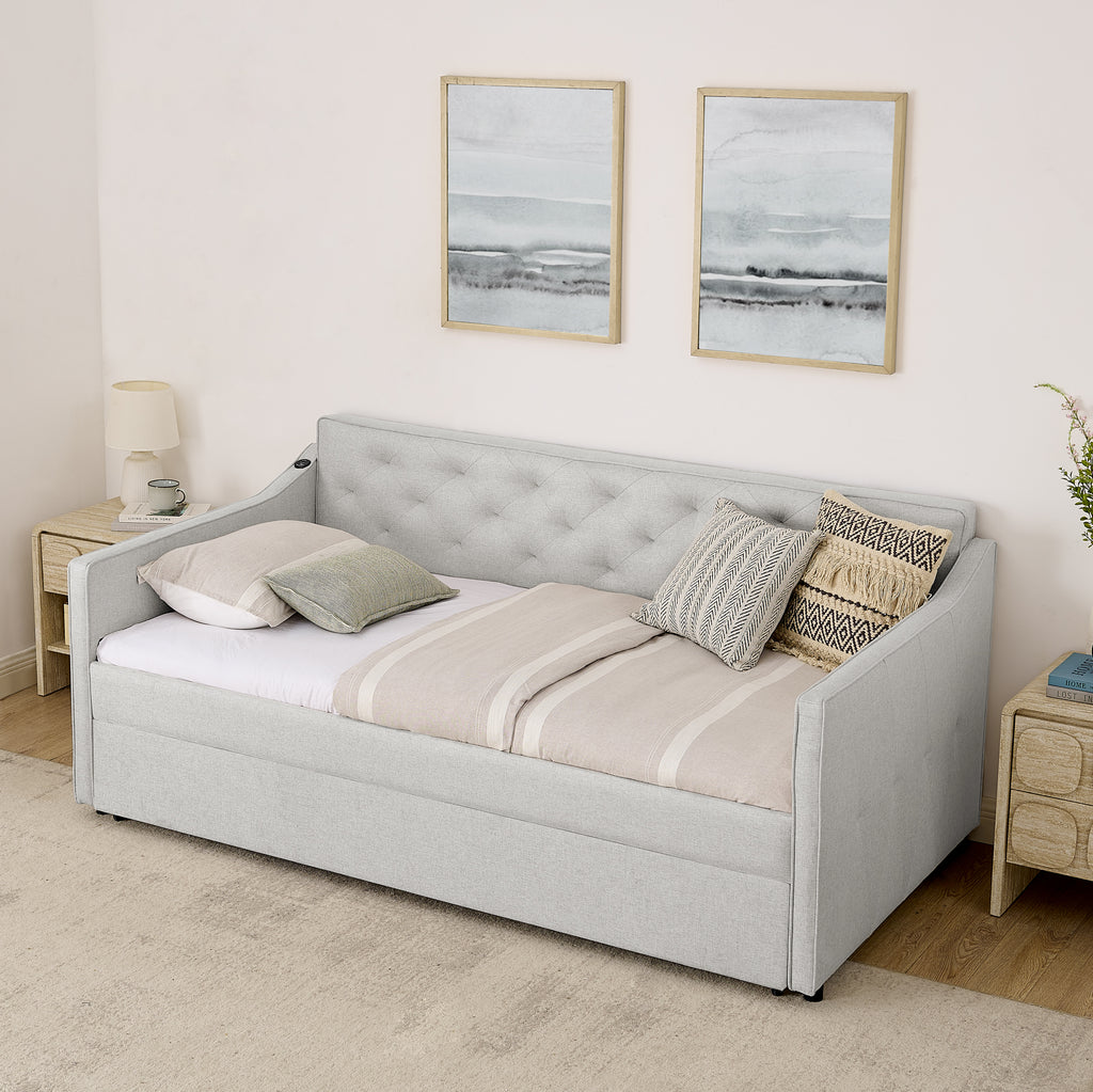 Twin Size Upholstery Daybed with Pop-up Trundle & USB Charging