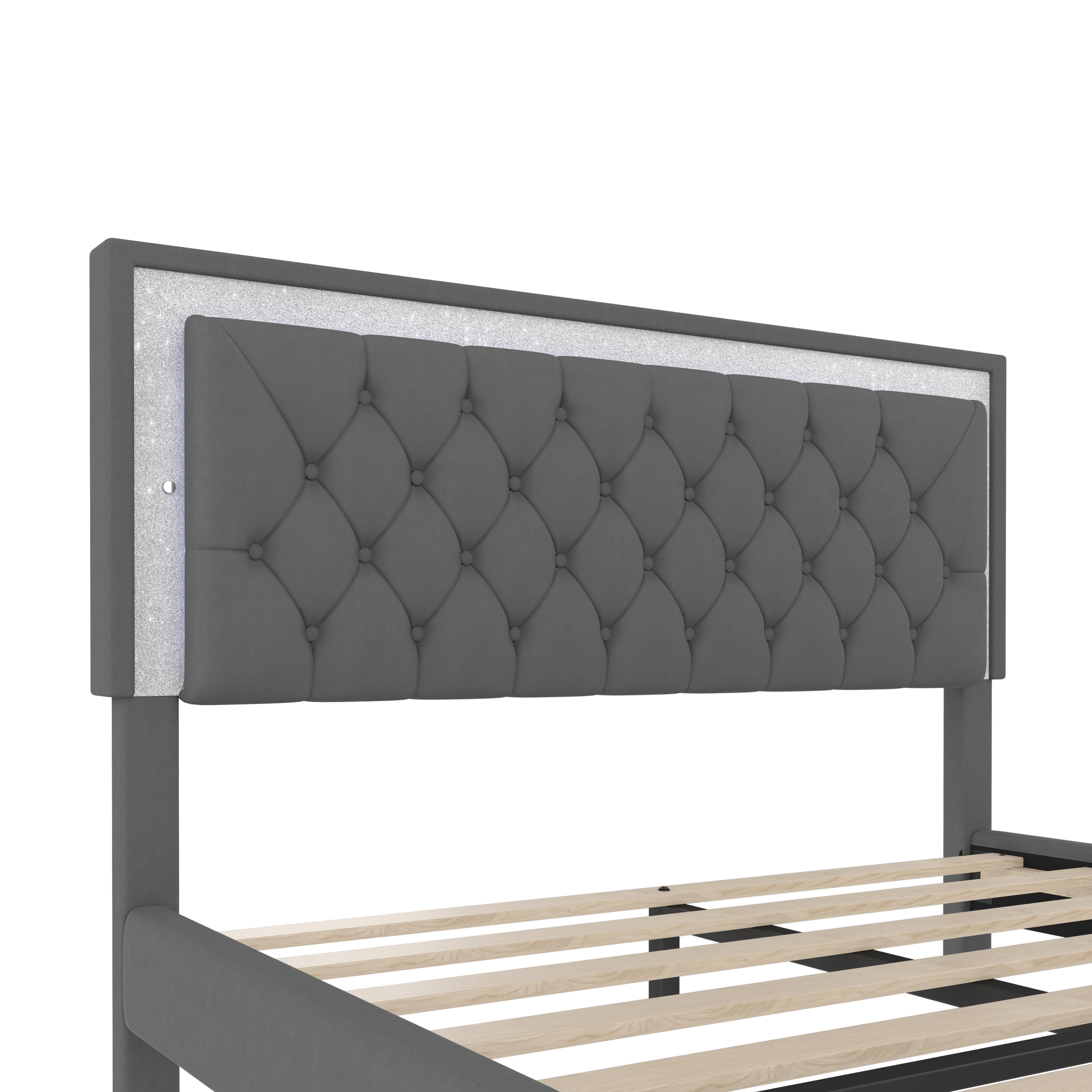 3-Pieces Bedroom Set - Queen Size Upholstered Platform Bed with LED Lights