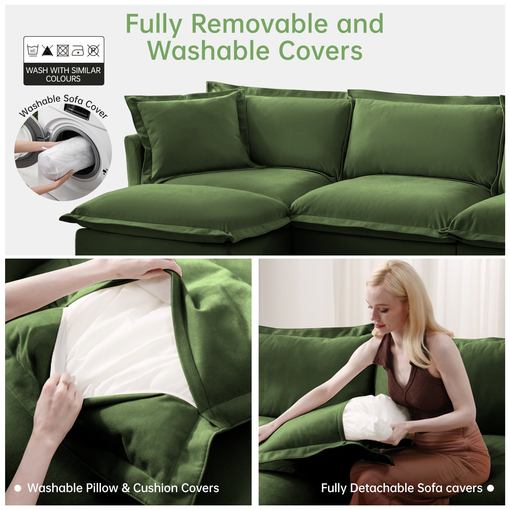 Slipcovered Long Sofa - 4 Seater with Removable Cover