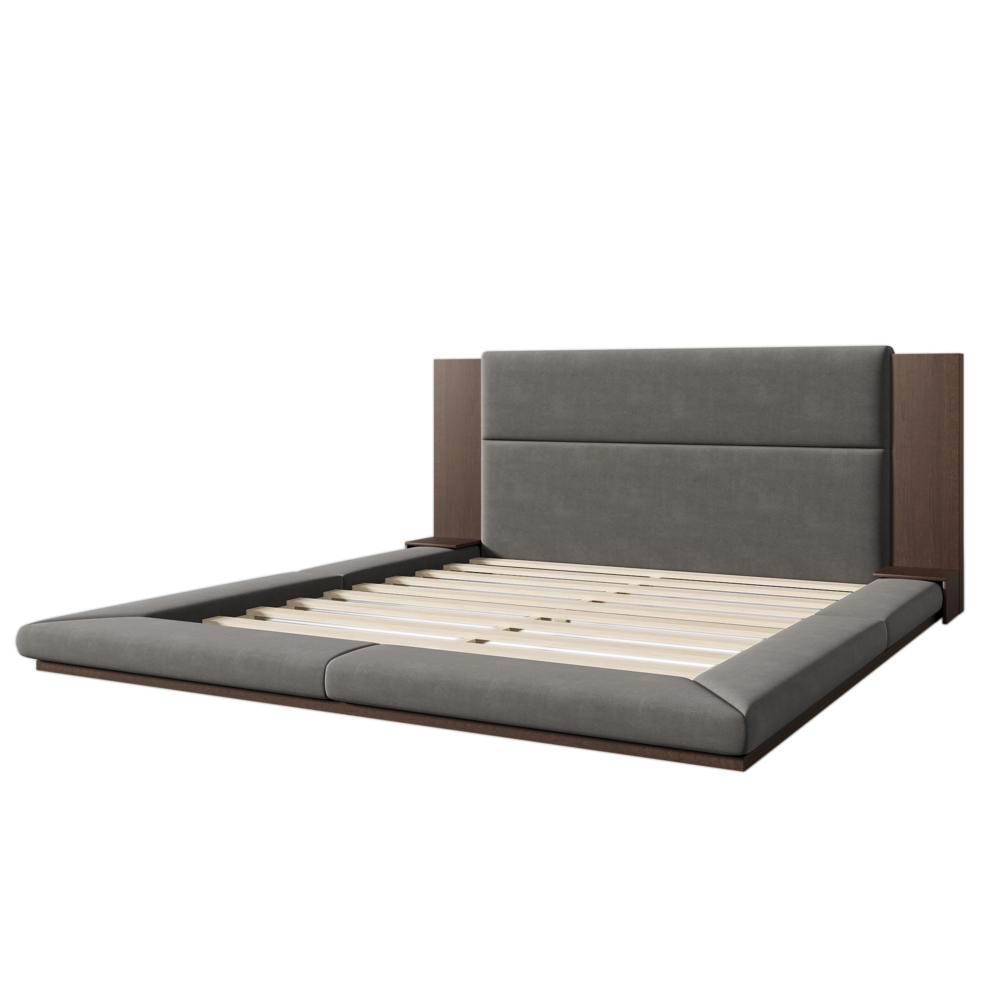 Floor Upholstered Platform Bed with Extended Wood Headboard
