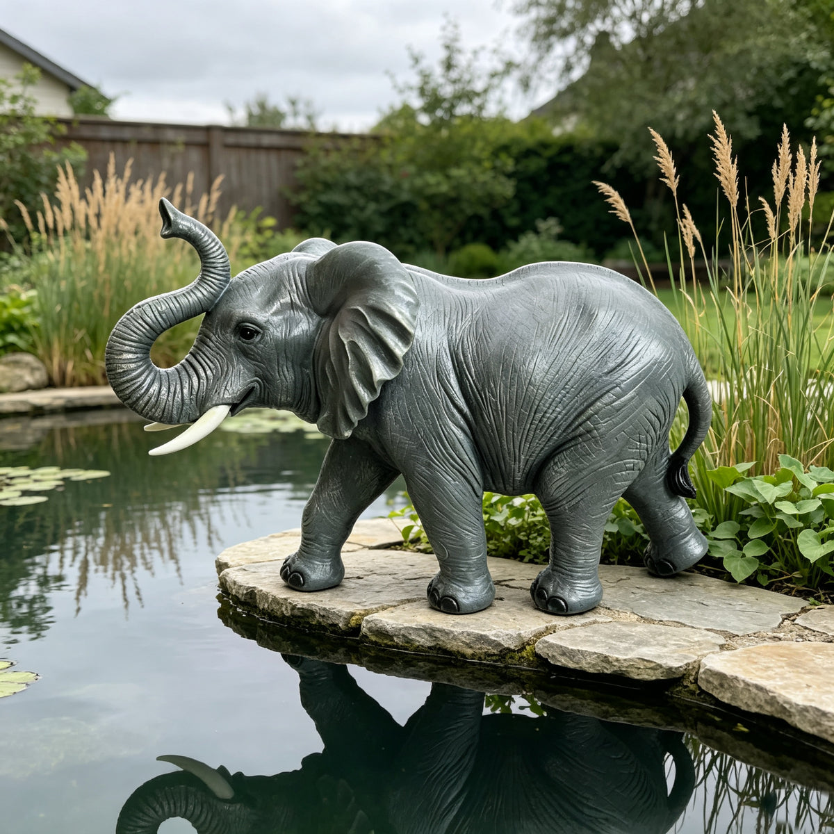 20'' Tall Resin Elephant Statue with Raised Trunk