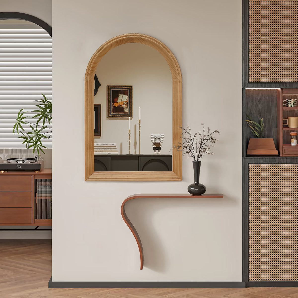Arched Wood Framed Wall Mirror, 35.43" H x 23.62" W Rustic Decorative Mirror for Bathroom/Vanity/Living Room (Natural