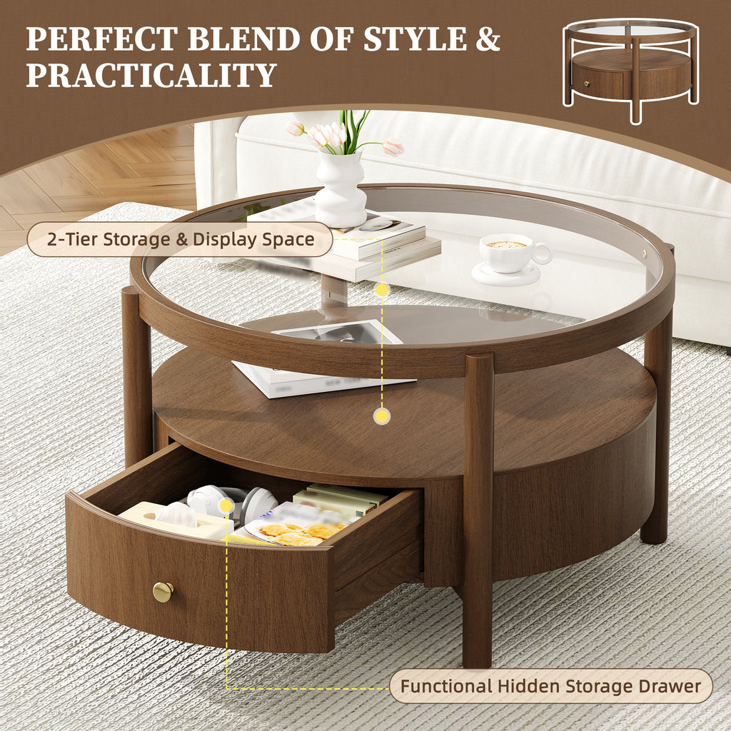 Solid Wood Round Glass Top Coffee Table with Storage Drawer