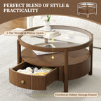 Solid Wood Round Glass Top Coffee Table with Storage Drawer