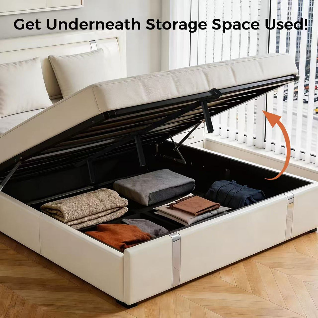 Queen Size Lift Up Storage Bed Frame with Adjustable LED Lights Headboard