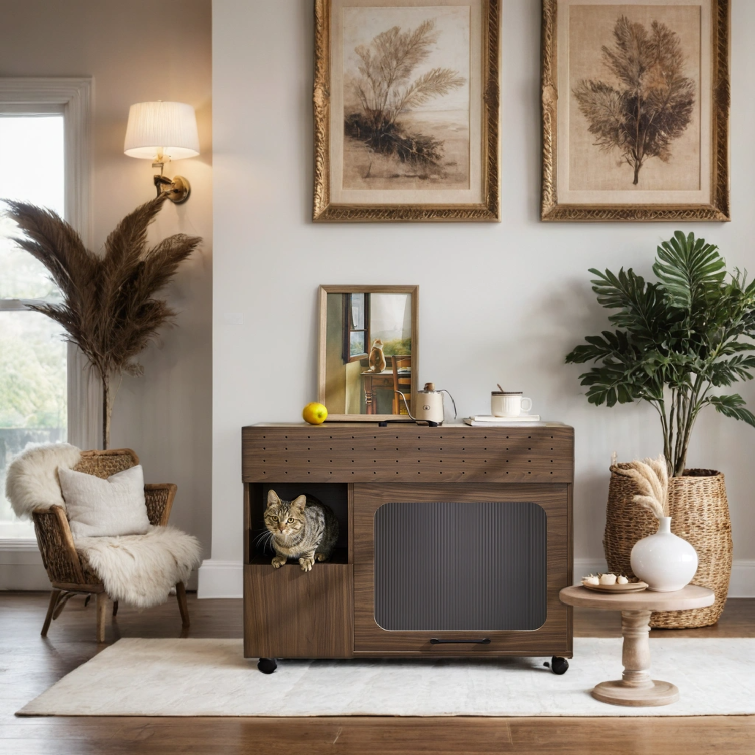 Furniture Style Multi-Use Cat Litter Box House with Storage