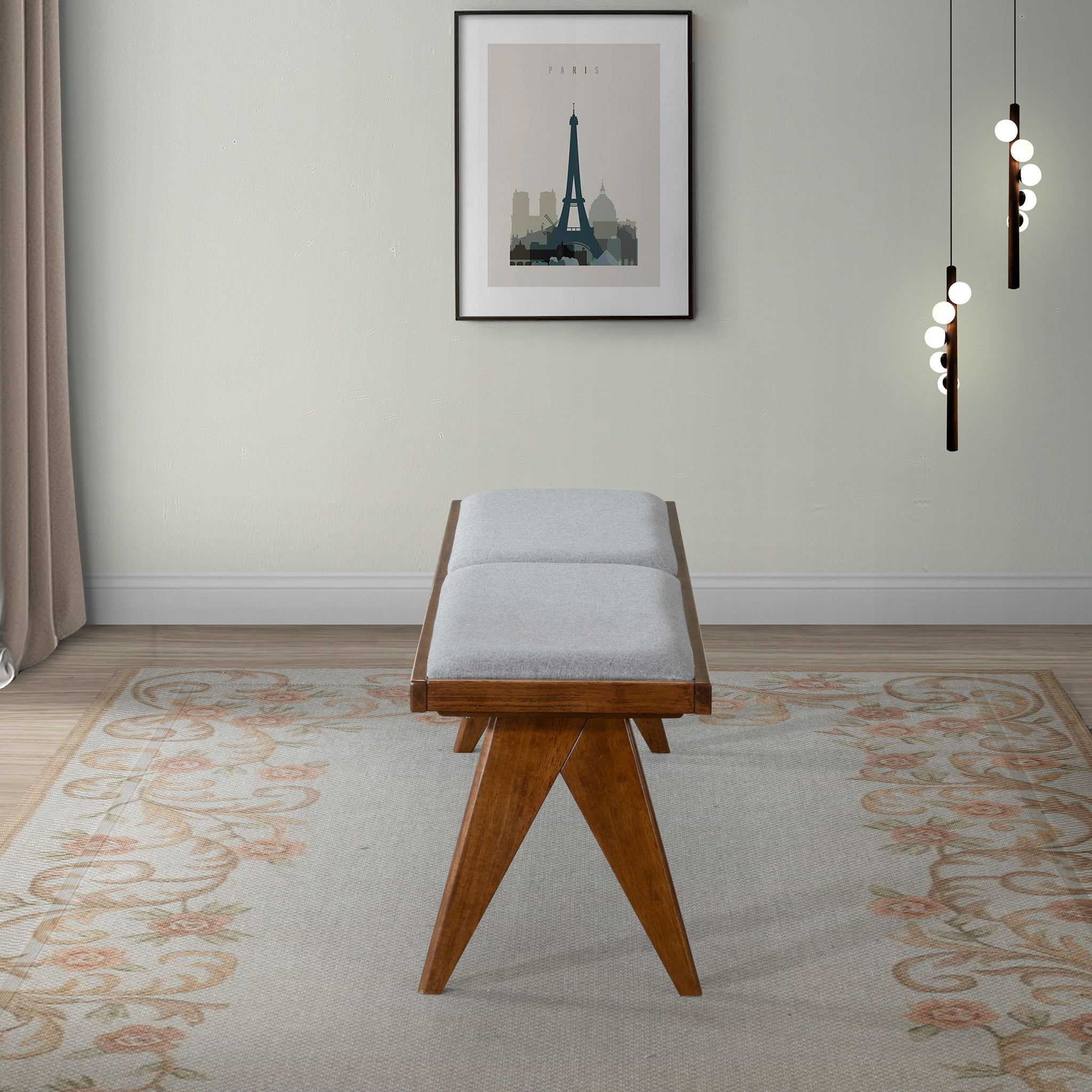 Keira Solid Wood Bench with Grey Fabric