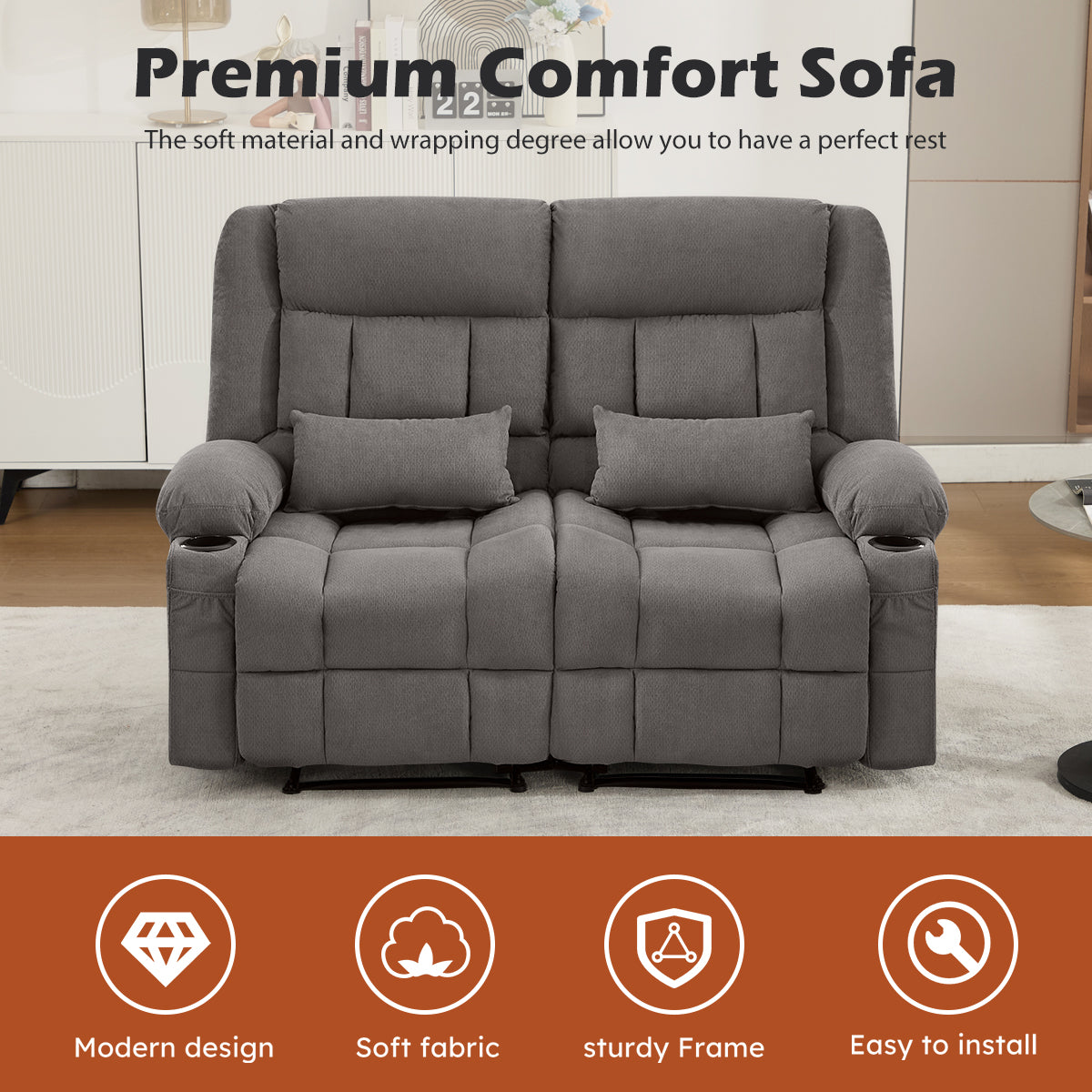 Recliner Loveseat with Cup Holders for Living Room Love Seat Manual Oversized Recliner with Ergonomic, Side Pocket for Adult