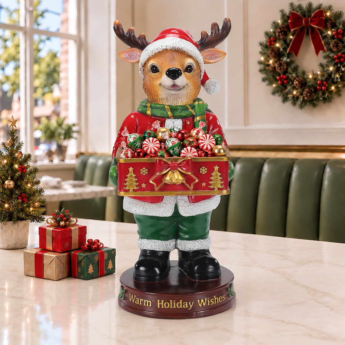 Christmas Reindeer Statue with Storage Tray, Red Resin, 18.5 Inches Tall