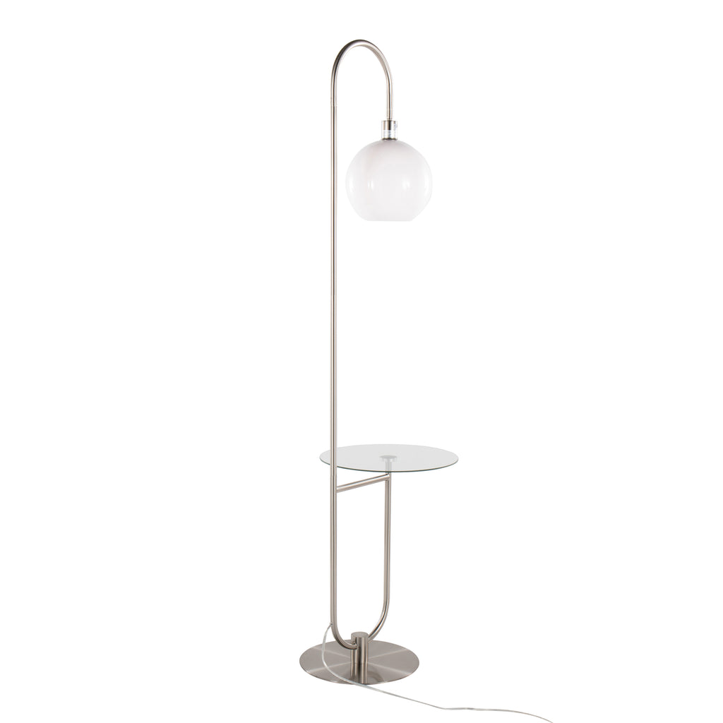 Trombone Contemporary Floor Lamp in Nickel Metal with Clear Glass Shelf