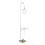 Trombone Contemporary Floor Lamp in Nickel Metal with Clear Glass Shelf