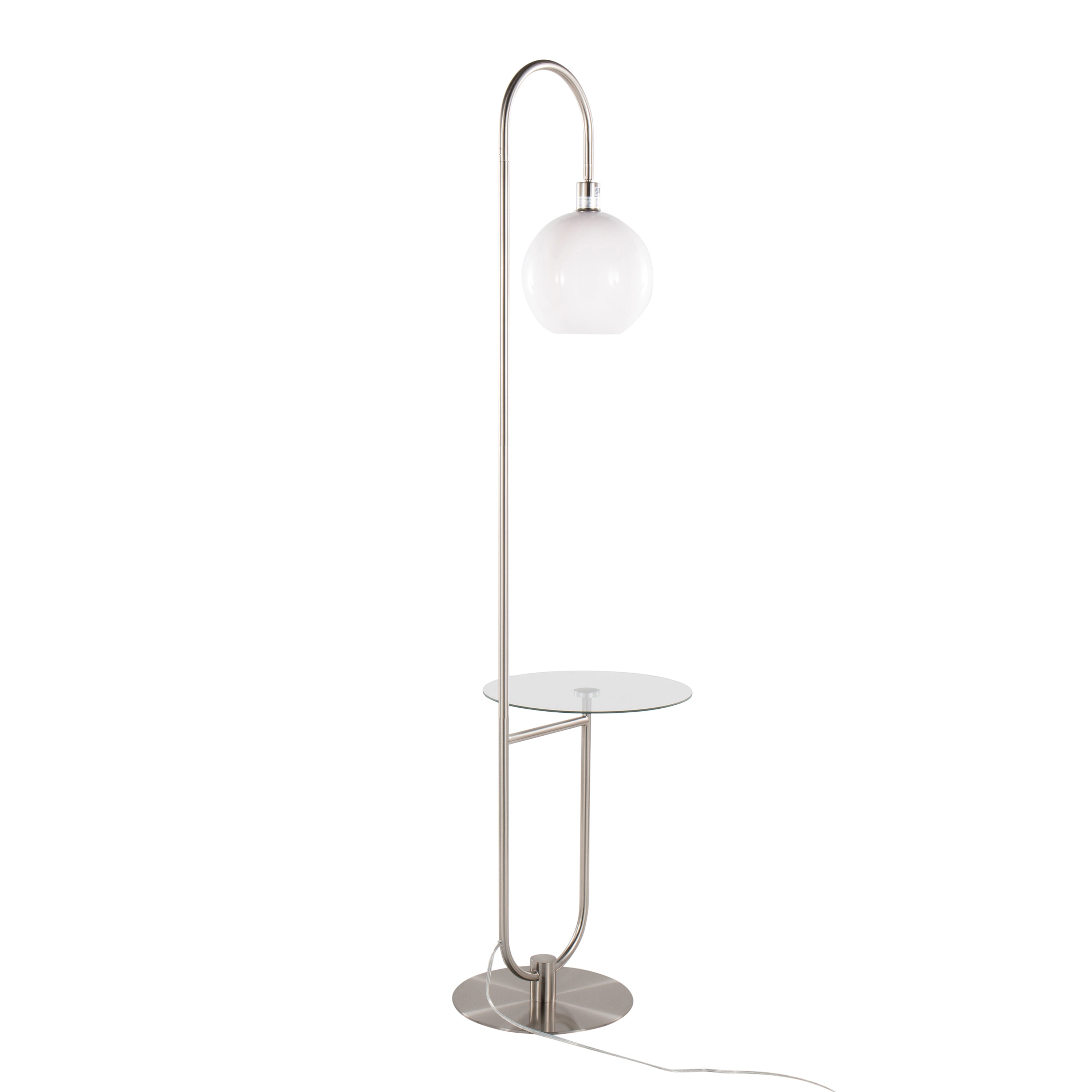 Trombone Contemporary Floor Lamp in Nickel Metal with Clear Glass Shelf