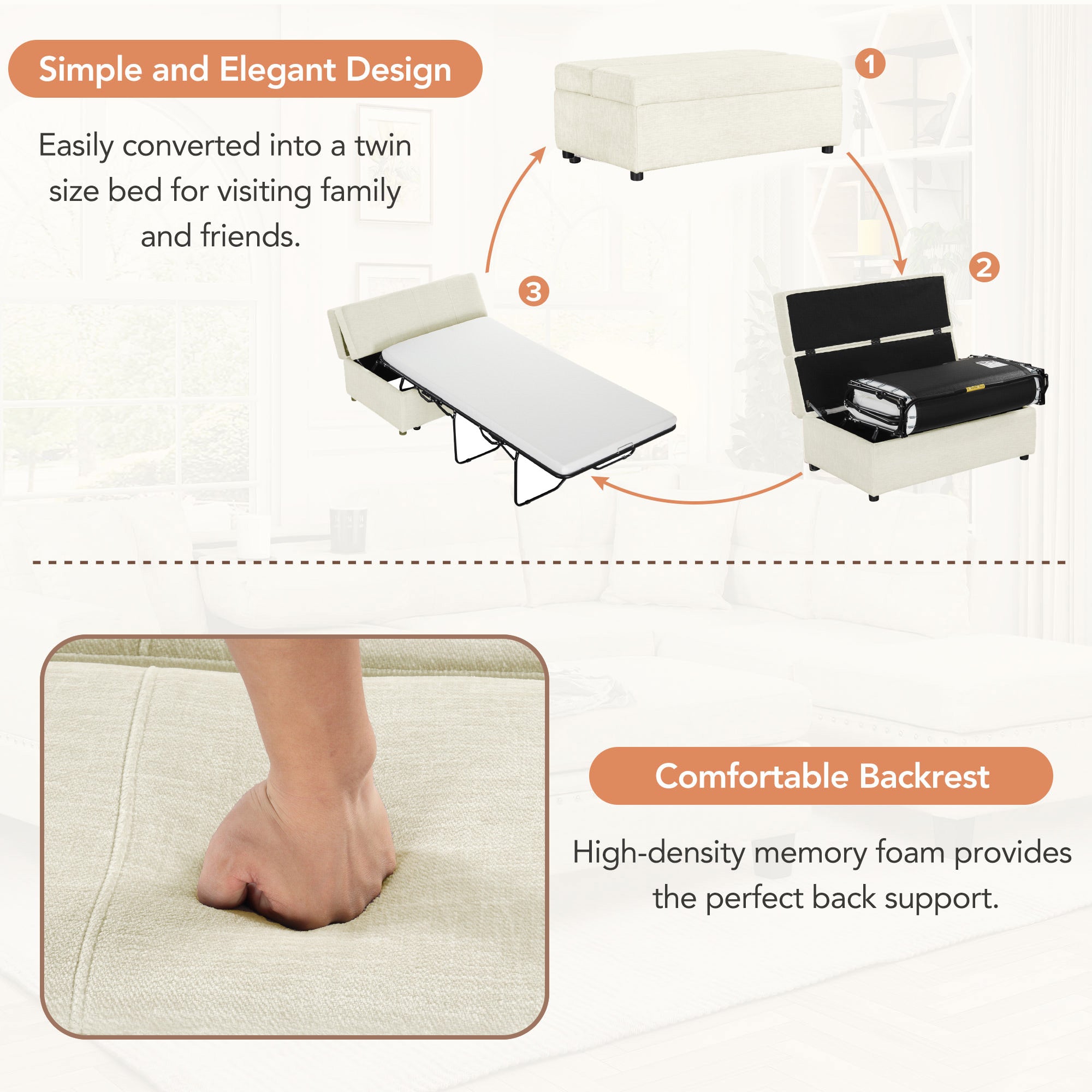 Twin Size Folding Ottoman Sleeper Bed with Mattress Convertible Guest Bed