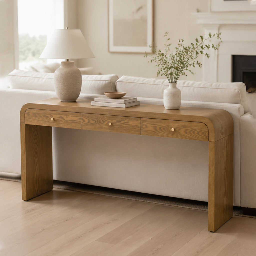 Walnut Curved Design 3-Drawer Long Console Table