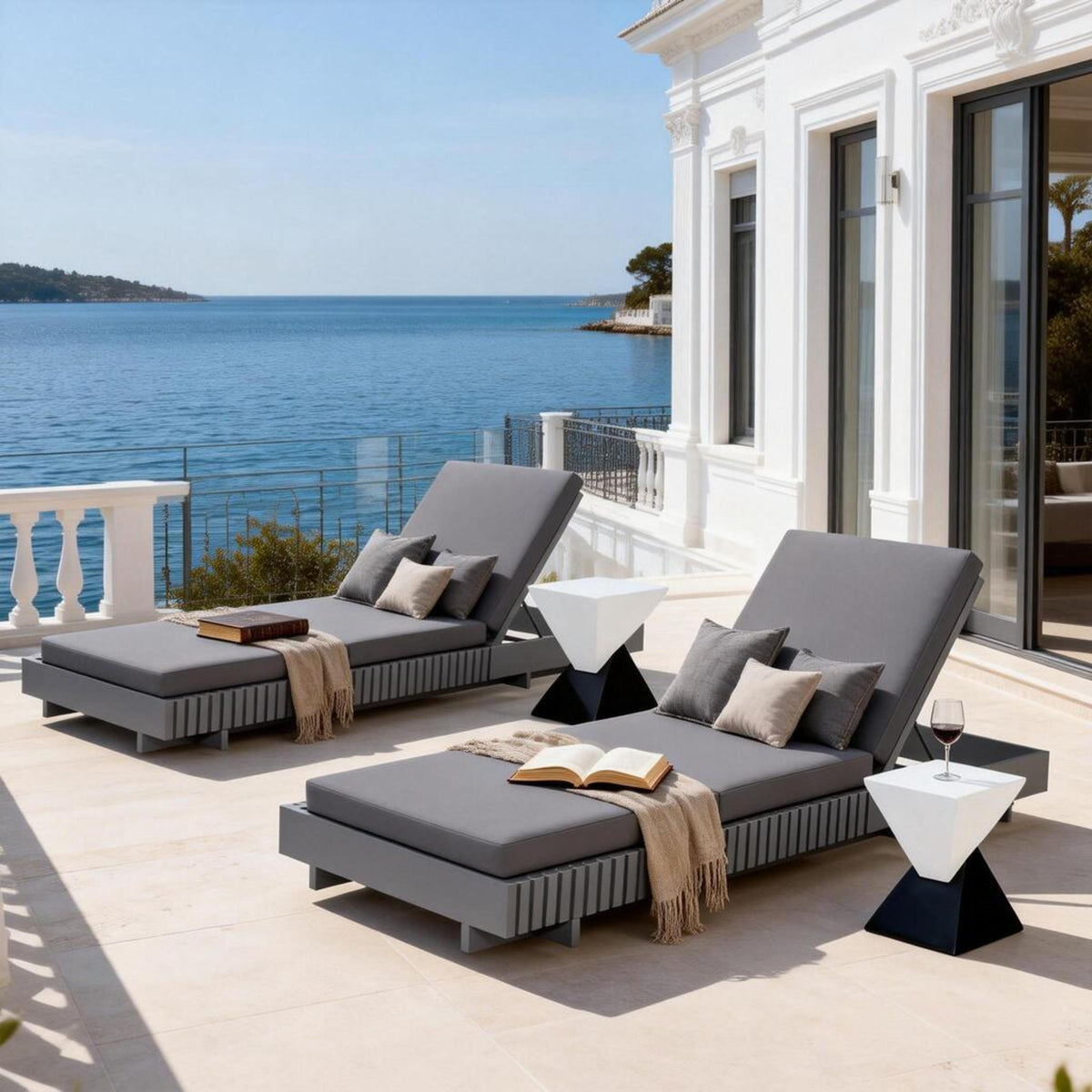 Dark Grey Acacia Wood Outdoor Chaise Lounge with 3-Fold Cushion