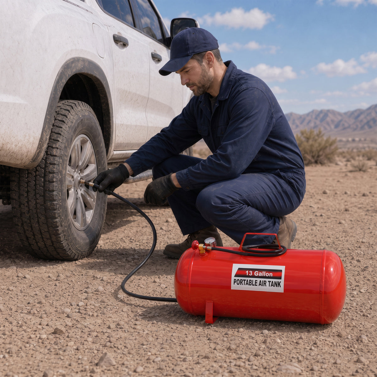 Portable 13 Gallon Air Tank, Lightweight Durable Air Compressor Tank with Pressure Gauge, Safety Valve and 43 Inch Hose for Easy Tool Connection