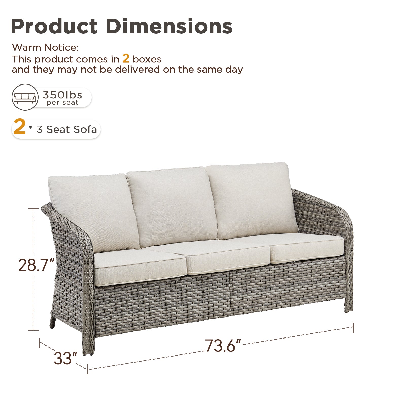 73.6" PE Wicker Rattan Outdoor Furniture Set, 3 Seat Sofa
