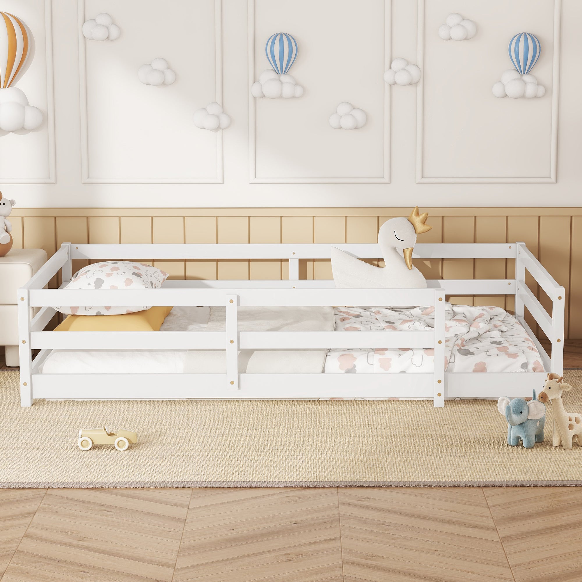 Montessori Twin Size Floor Bed with Fence, White