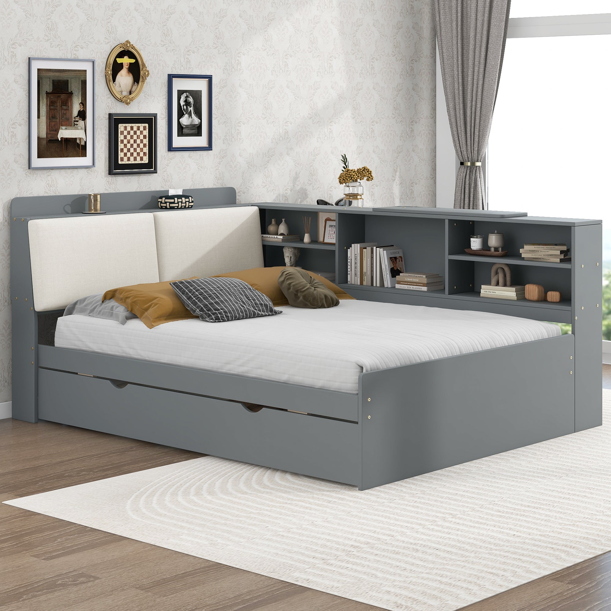 Wood Full Size Platform Bed with Trundle, Shelves and Storage Headboard