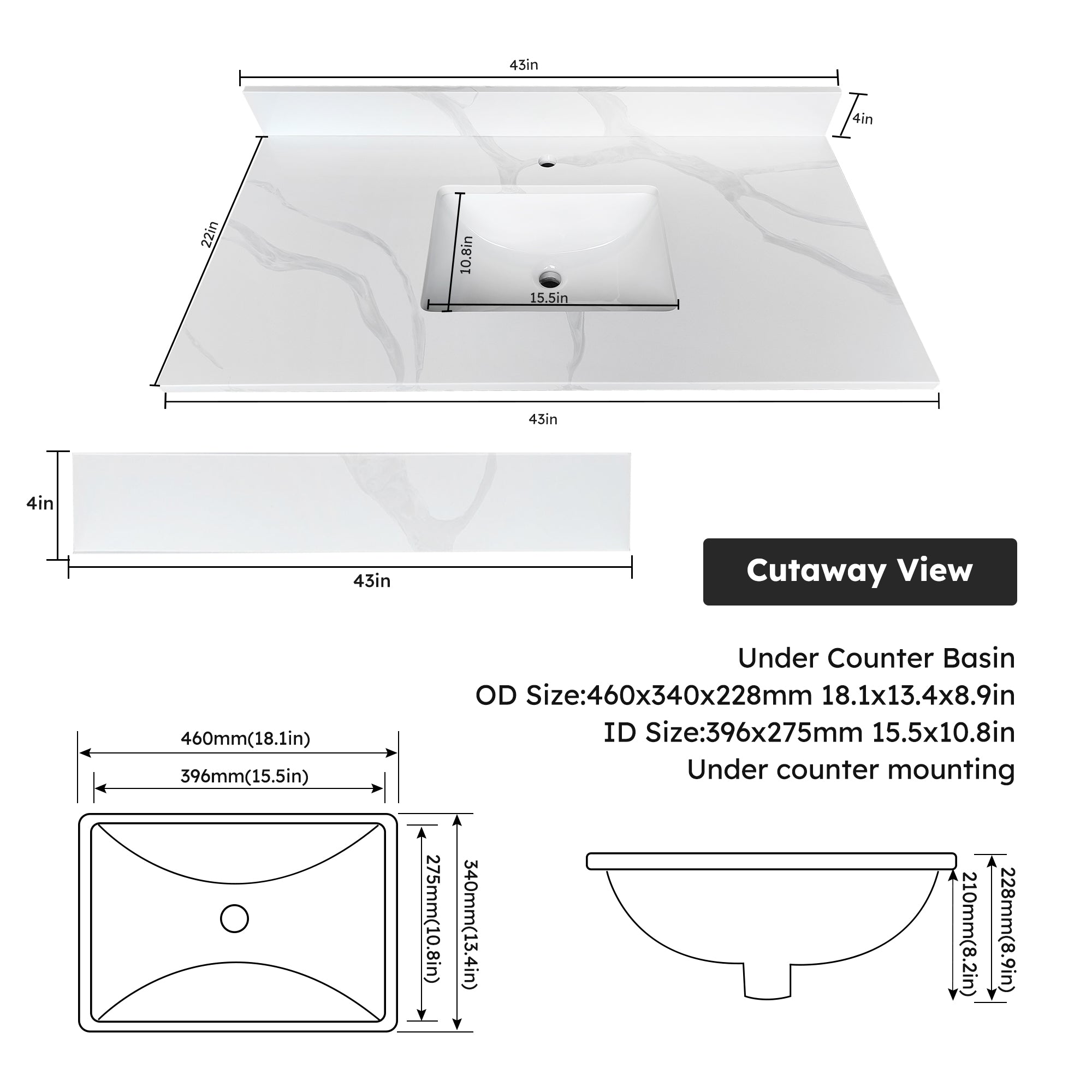 43-Inch Quartz Bathroom Vanity Top