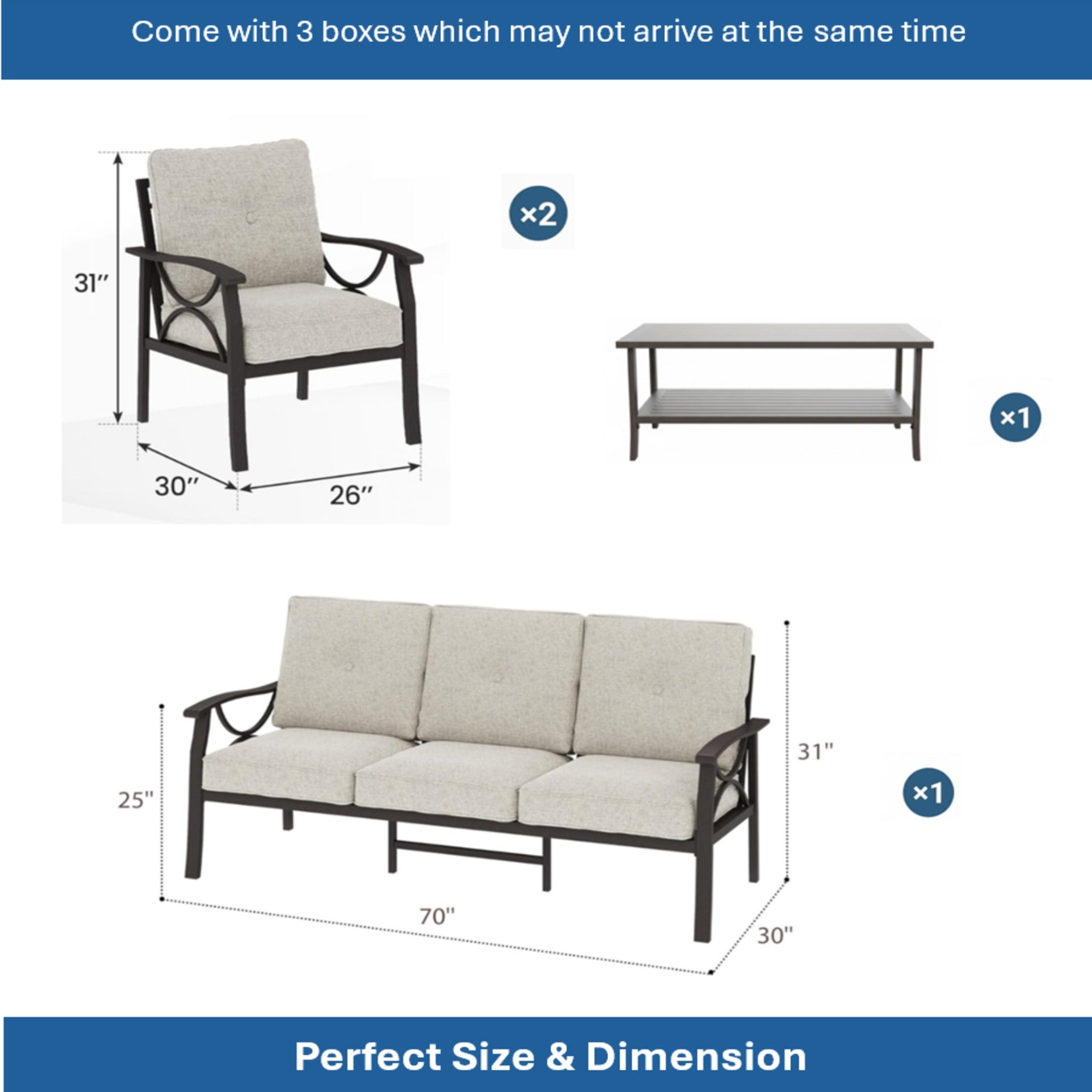 5-Piece Metal Patio Furniture Set, 7-Seat All-Weather Conversation Sofa