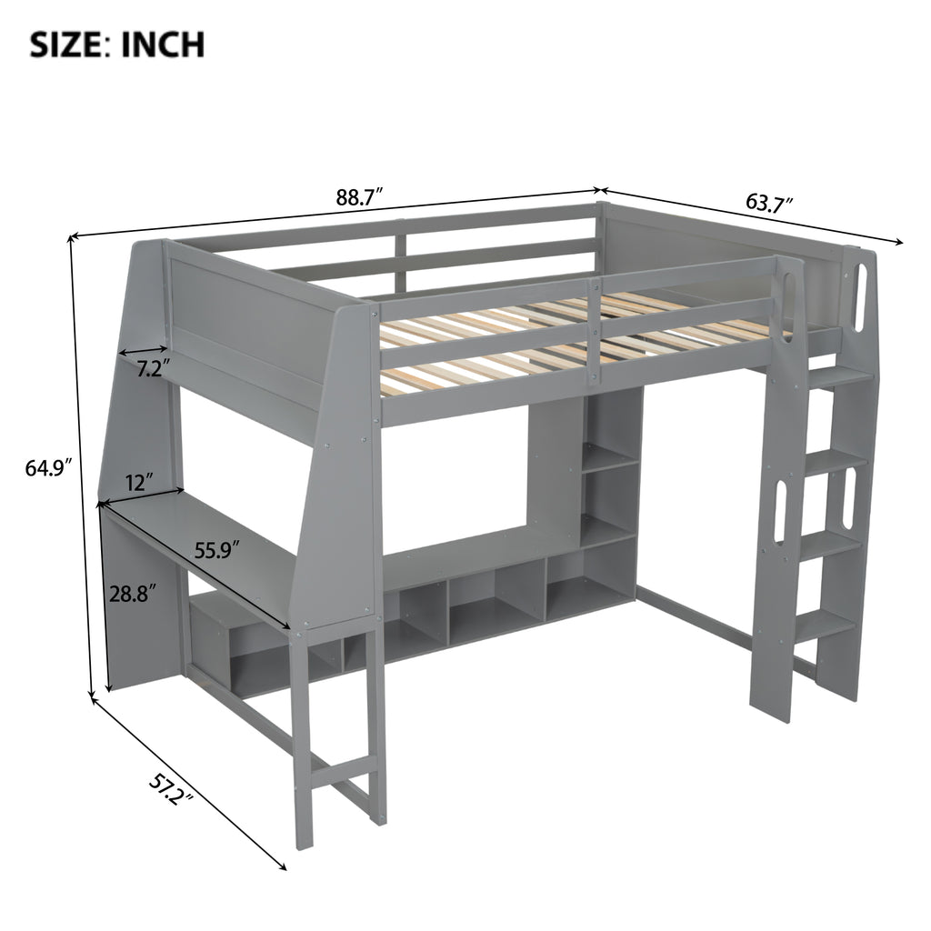 Wood Full Size Gaming Loft Bed with Desk and Multi-Storage Shelves