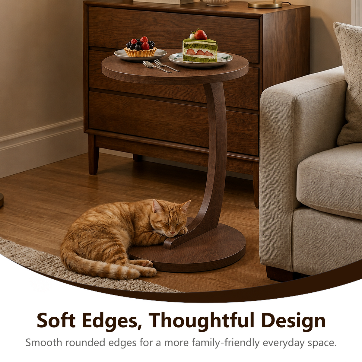 C-Shaped End Table, 14.96-Inch Round, Walnut