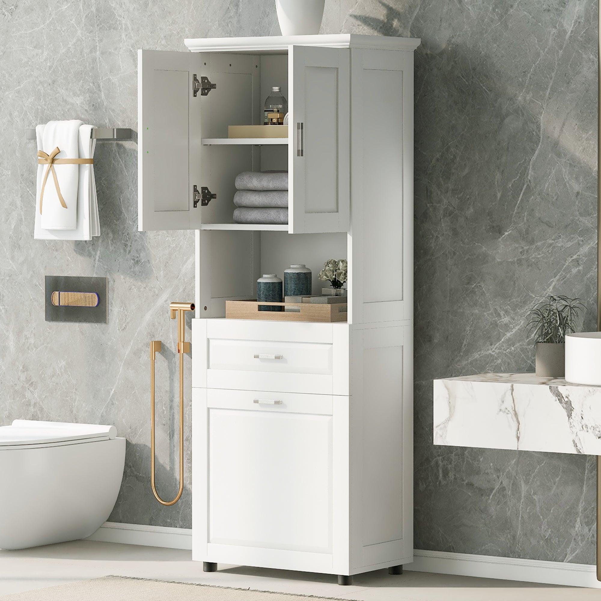 Tall Bathroom Cabinet with Laundry Basket