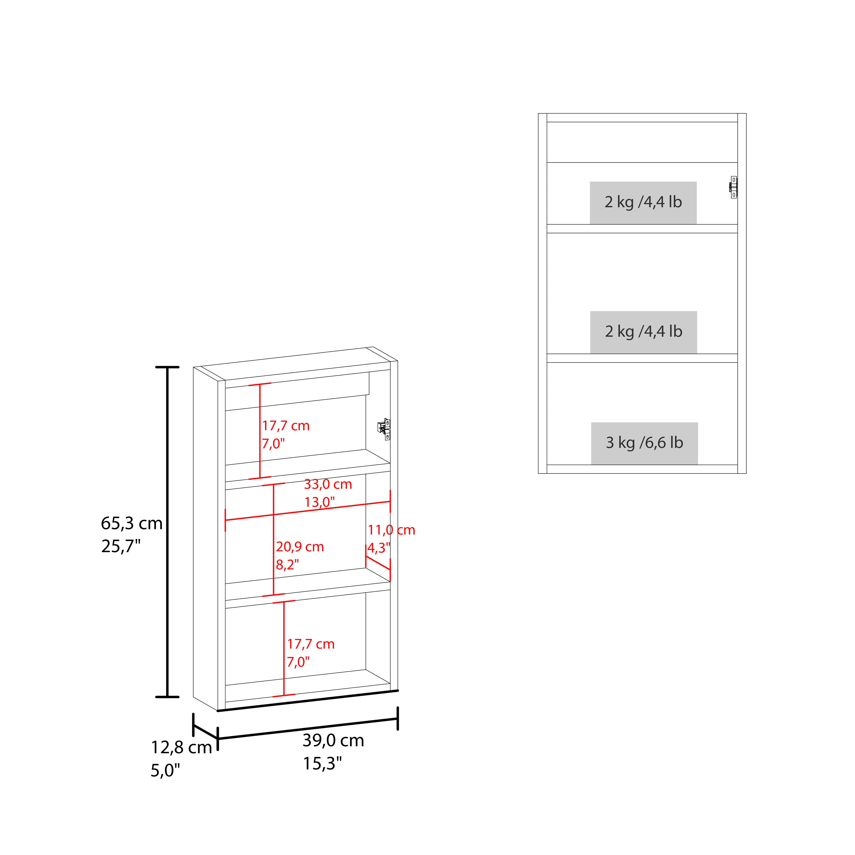Medicine Cabinet 25.7" H, 1 Door, 3 Shelves, 1 Mirror