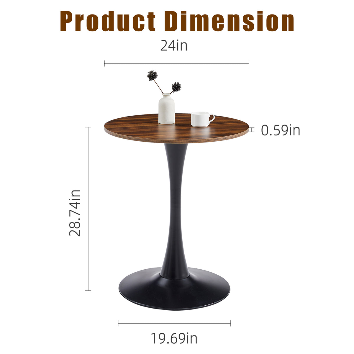 Dark Wood Grain Round Dining Table, 24-Inch, MDF and Metal Base