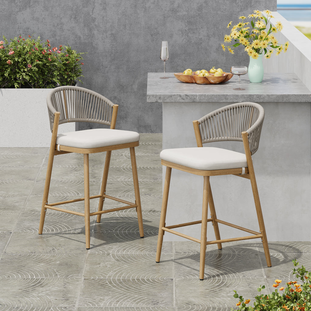 Outdoor 26" Seat Height Aluminum Frame Counter Stools with Rattan Backrest