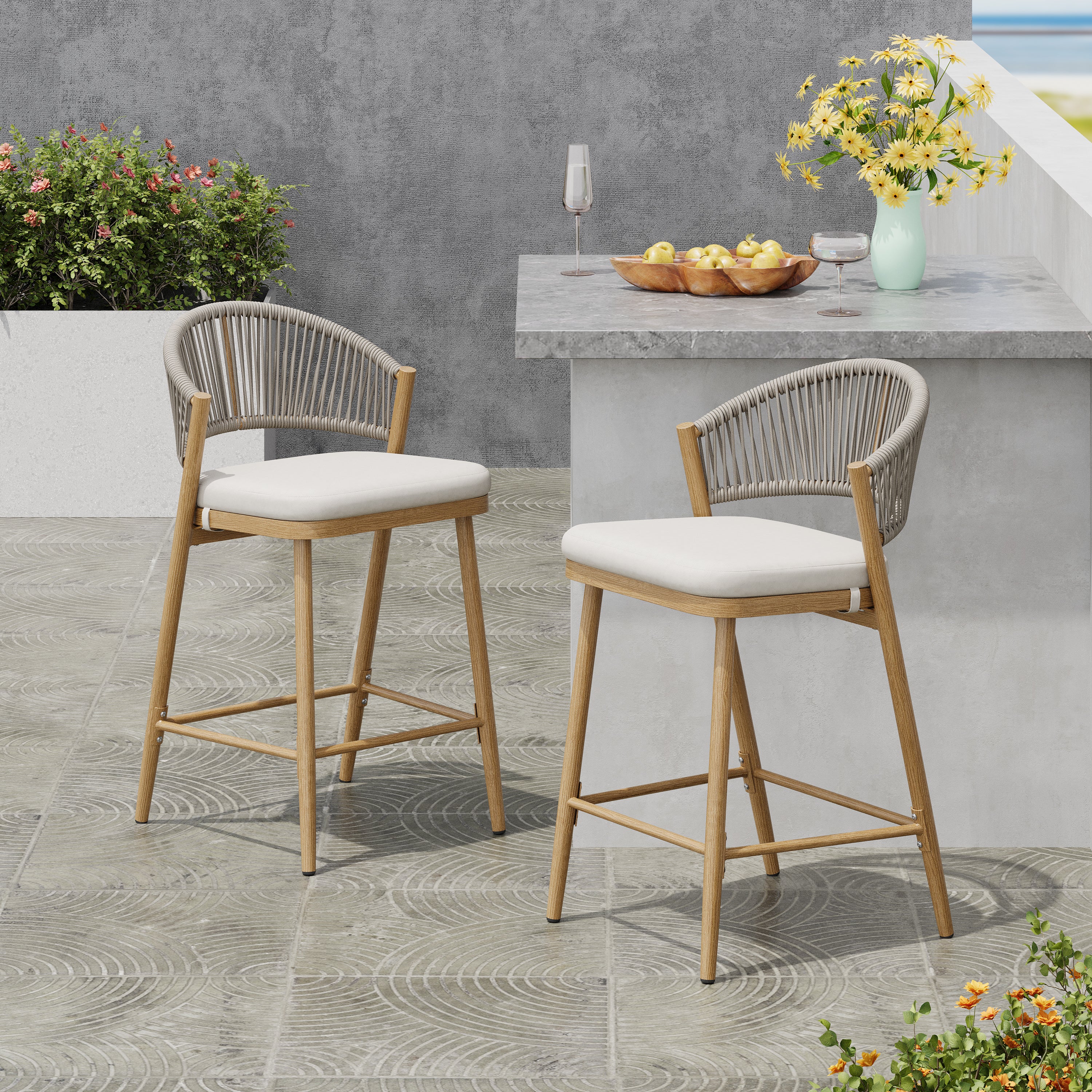 Outdoor 26" Seat Height Aluminum Frame Counter Stools with Rattan Backrest