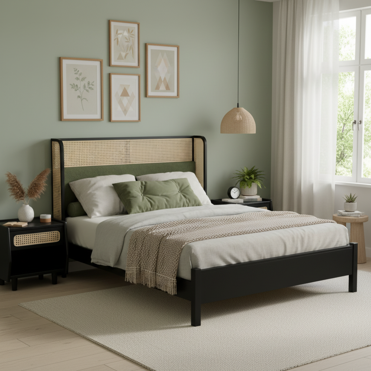 Queen Size Bed Frame with Green Upholstered Headboard