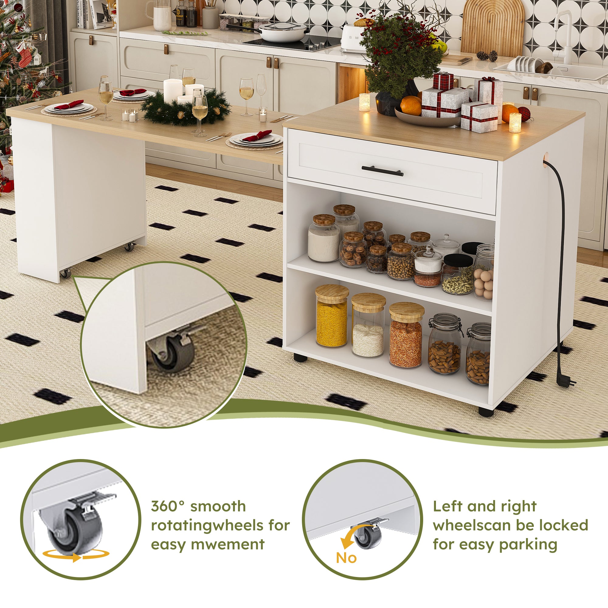 80-Inch Expandable Kitchen Island with Dining Table