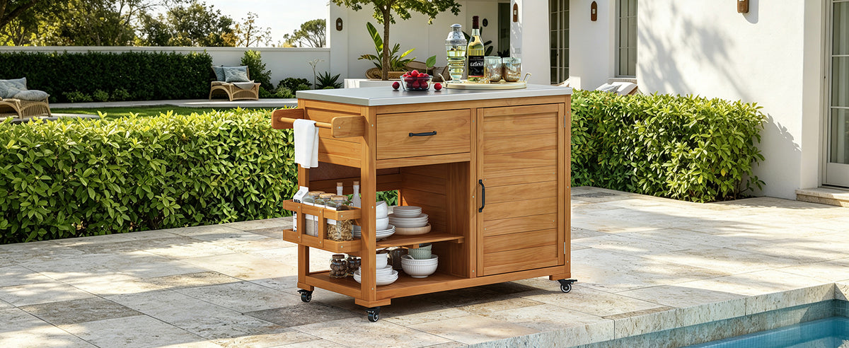 TOPMAX 43.3-Inch Outdoor Kitchen Island, Solid Fir Wood Grill Cart with Stainless Steel Top, Natural