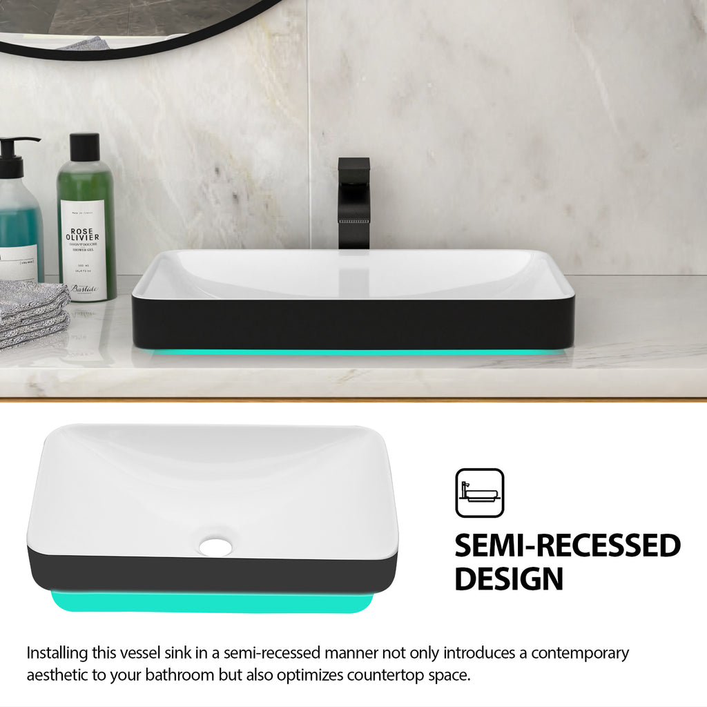 19"x12" White & Black Semi-Recessed Ceramic Bathroom Sink