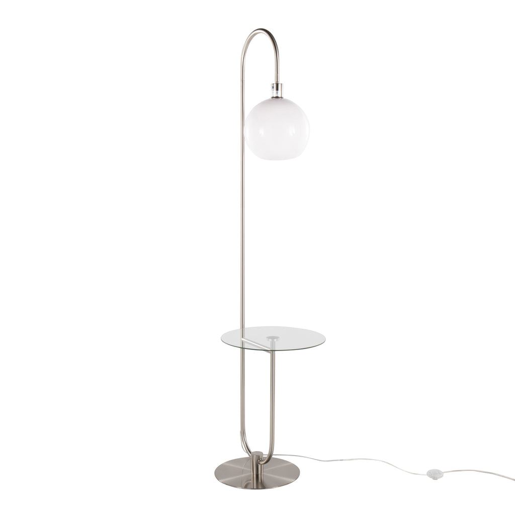 Trombone Contemporary Floor Lamp in Nickel Metal with Clear Glass Shelf