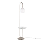 Trombone Contemporary Floor Lamp in Nickel Metal with Clear Glass Shelf