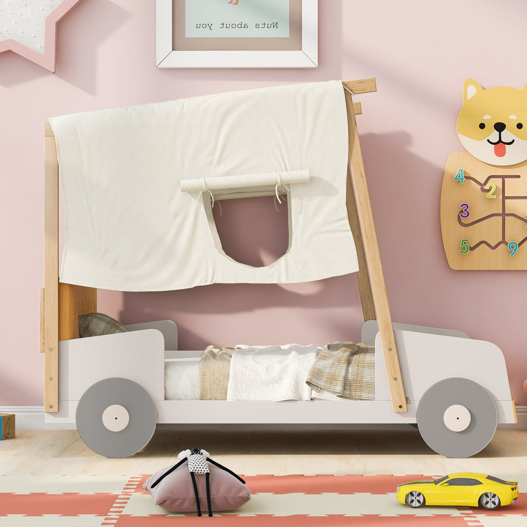 Wood Twin Size Car Bed with Pillow and Ceiling Cloth