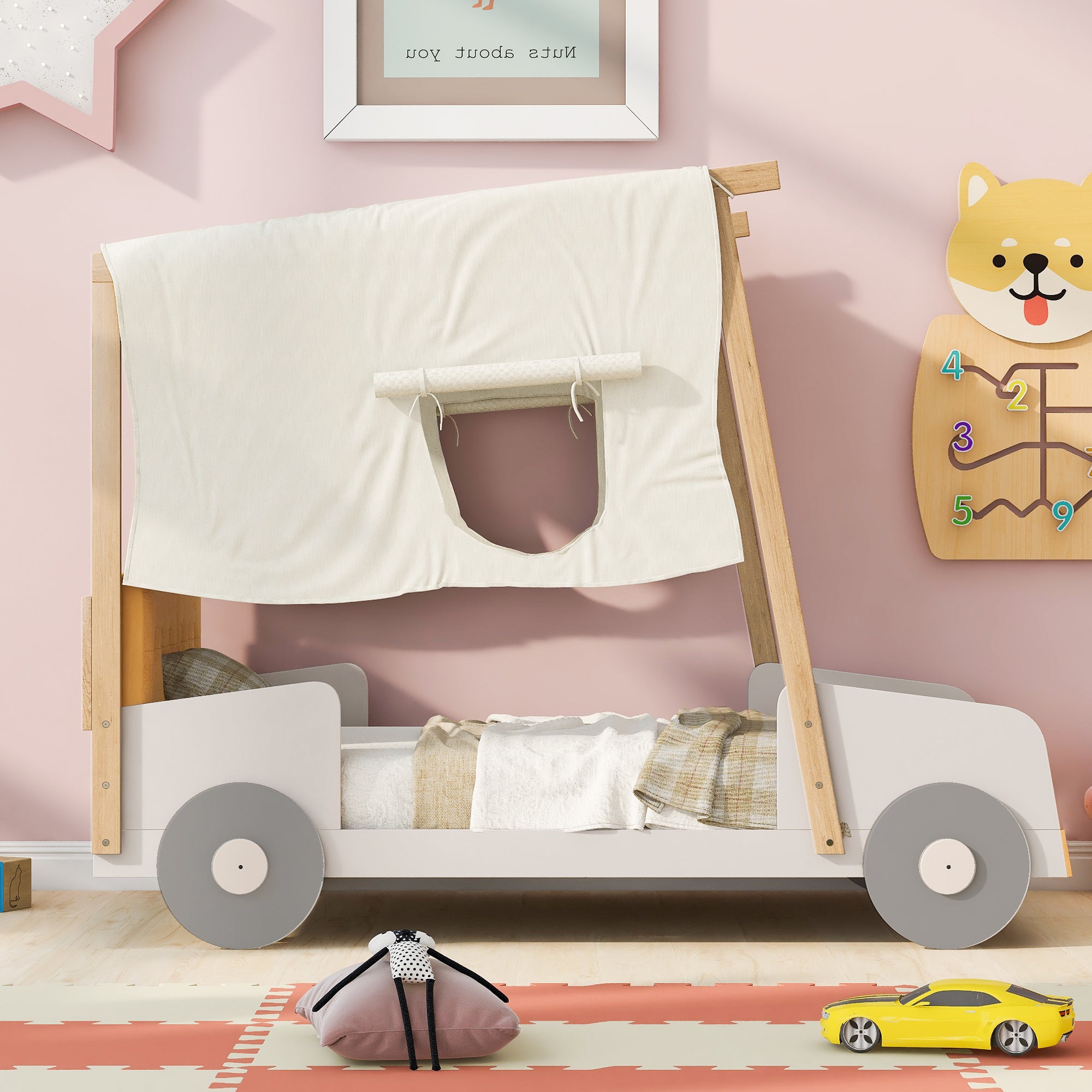 Wood Twin Size Car Bed with Pillow and Ceiling Cloth