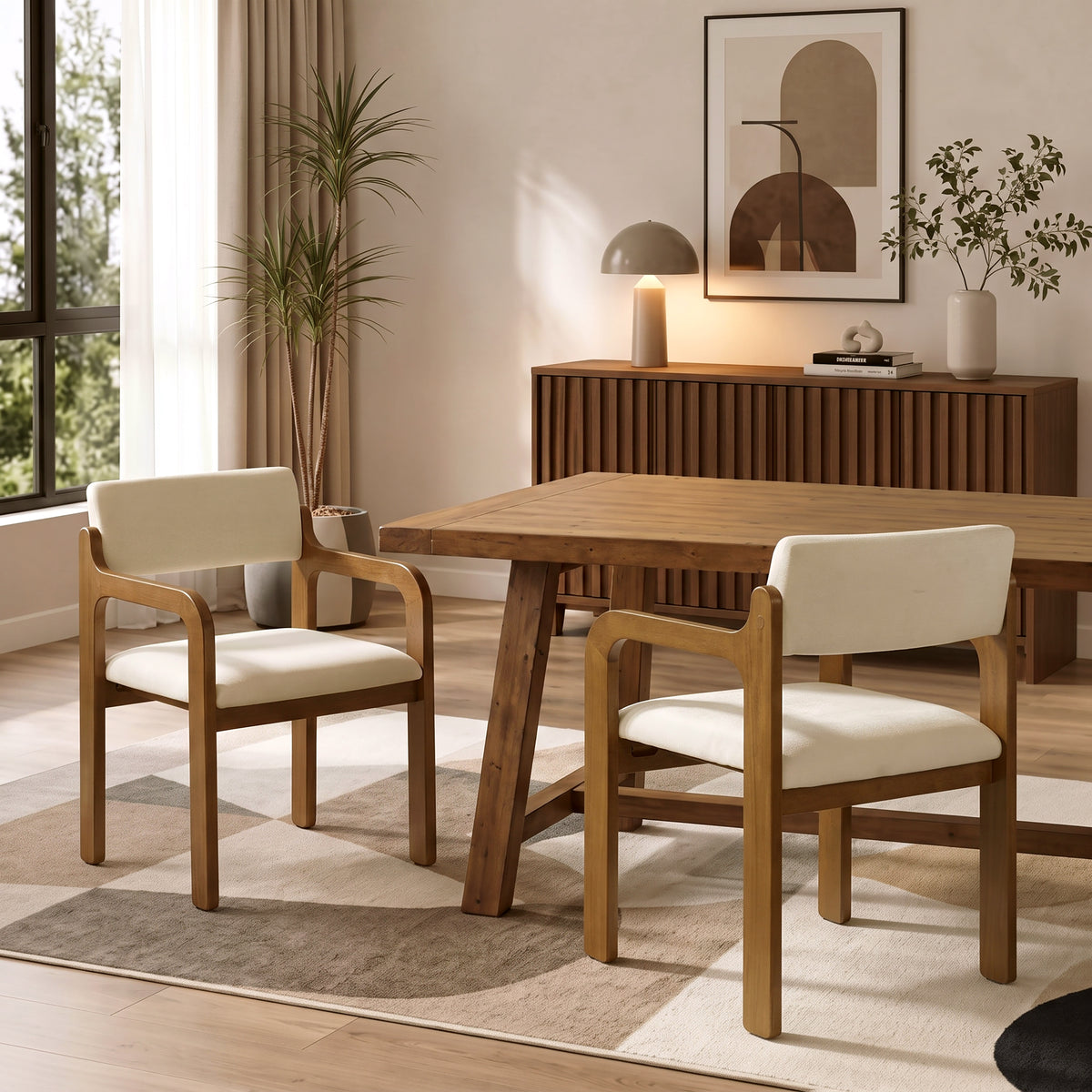 Modern Rubber Wood Dining Chairs, Upholstered Fabric Armchairs(Set of 2)
