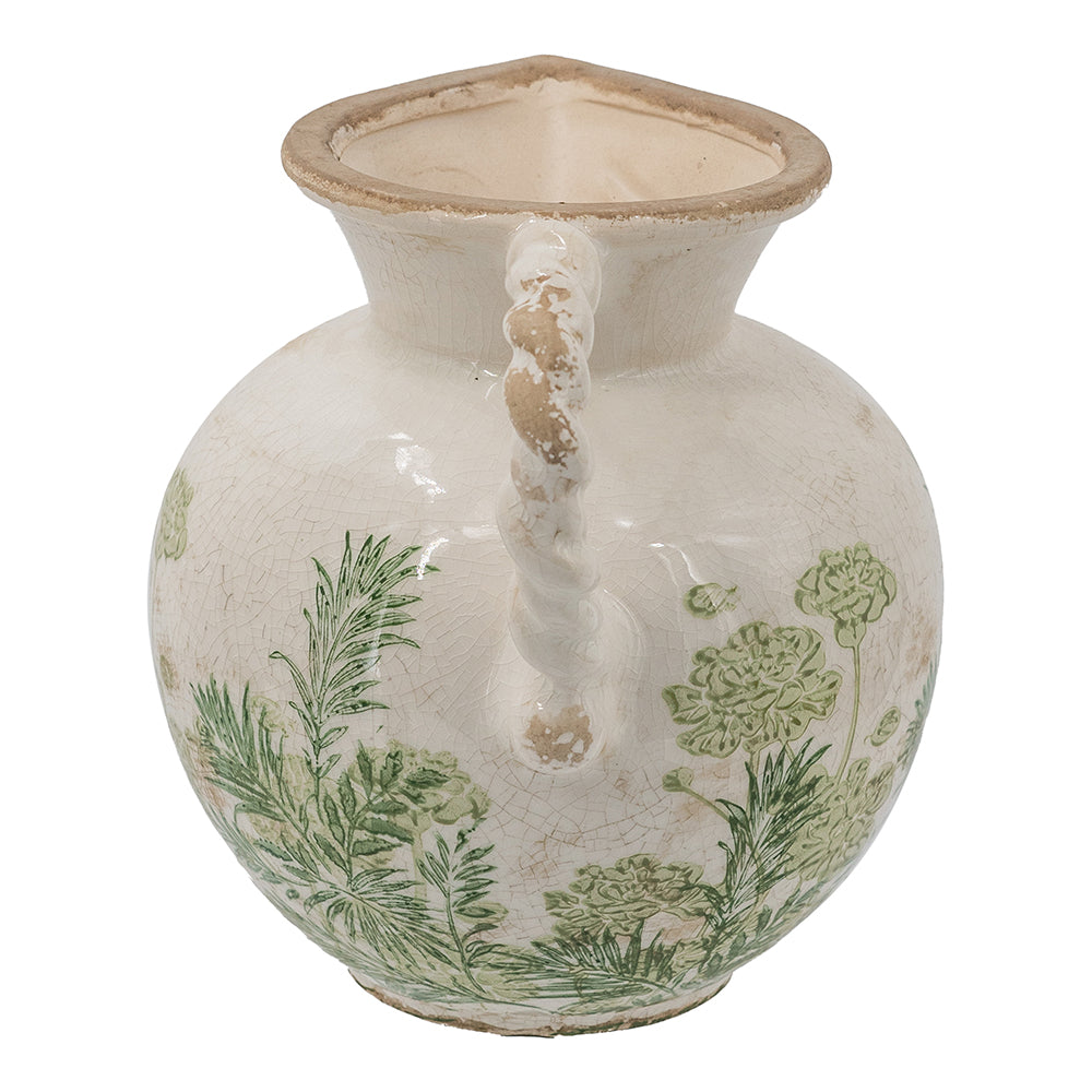White Ceramic Pitcher Vase with Green Botanical Motifs and Twisted Handle