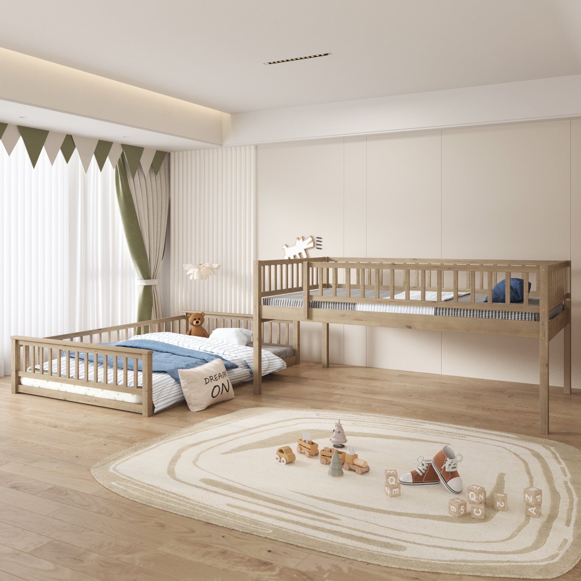 Full XL Over Queen Bunk Bed with Ladder and Guardrails