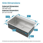 Stainless Steel Kitchen Sink, 33"x22" Single Bowl